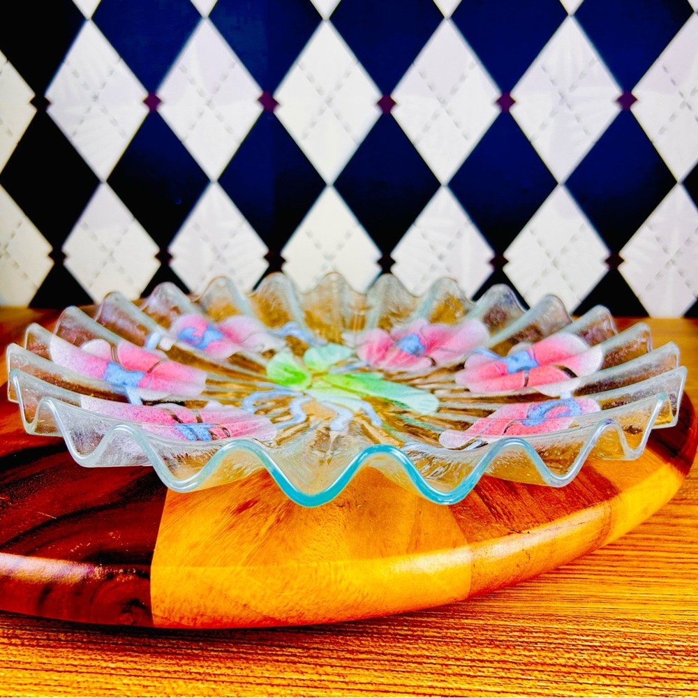 Handcrafted Ruffled‎ Glass Art Bowl with Orchid Motif